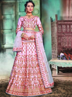 Pink Color Naylon Satin Embroidered Semi Stitched Lehenga Choli 1