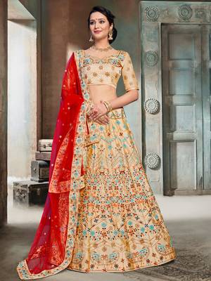 Beige Color Naylon Satin Embroidered Semi Stitched Lehenga Choli 1