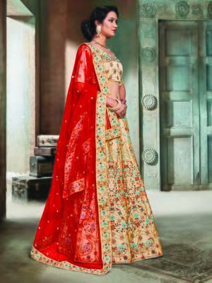 Beige Color Naylon Satin Embroidered Semi Stitched Lehenga Choli 2