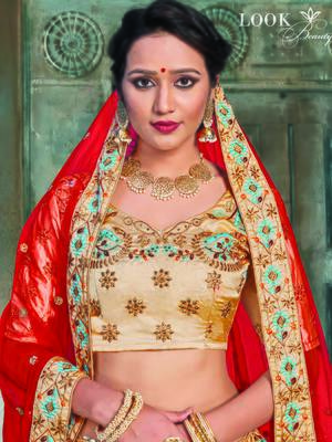 Beige Color Naylon Satin Embroidered Semi Stitched Lehenga Choli 3