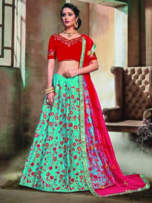 Turquoise Color Naylon Satin Embroidered Semi Stitched Lehenga Choli 1