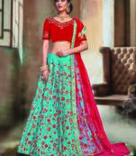 Turquoise Color Naylon Satin Embroidered Semi Stitched Lehenga Choli