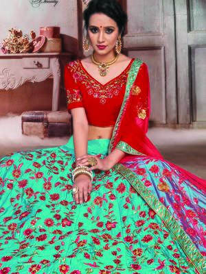 Turquoise Color Naylon Satin Embroidered Semi Stitched Lehenga Choli 2