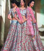 Grey Color Naylon Satin Embroidered Semi Stitched Lehenga Choli