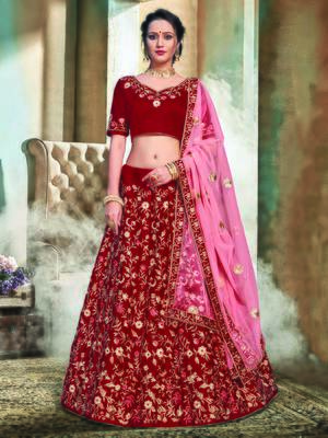 Maroon Color Naylon Satin Embroidered Semi Stitched Lehenga Choli 1