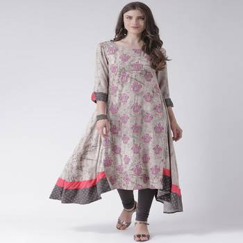 Beige Printed Cotton stitched kurti 1