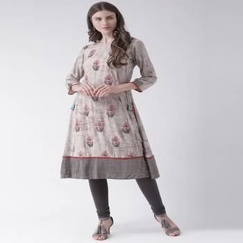 Beige Printed Cotton stitched kurti 1