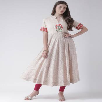 Beige Embroidered Cotton stitched kurti 1