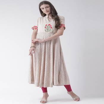 Beige Embroidered Cotton stitched kurti 4