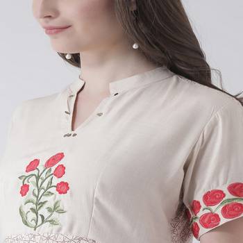 Beige Embroidered Cotton stitched kurti 5