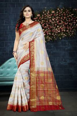 White Printed Faux Kanjivaram Silk Saree With Blouse 1