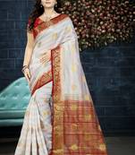 White Printed Faux Kanjivaram Silk Saree With Blouse