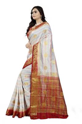 White Printed Faux Kanjivaram Silk Saree With Blouse 2