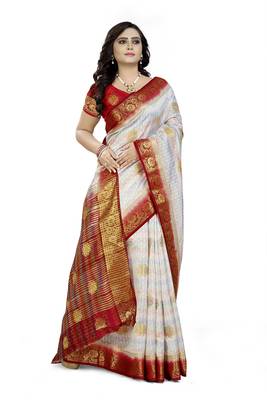White Printed Faux Kanjivaram Silk Saree With Blouse 3