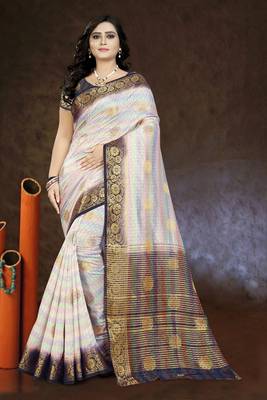 White printed faux kanjivaram silk saree with blouse 1