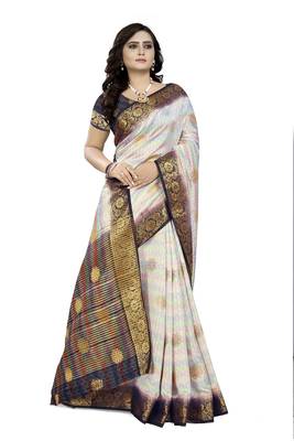 White printed faux kanjivaram silk saree with blouse 3