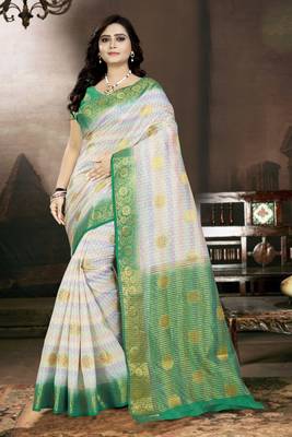 White printed faux kanjivaram silk saree with blouse 1