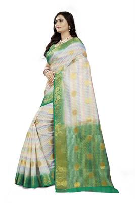 White printed faux kanjivaram silk saree with blouse 3