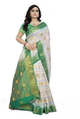 White printed faux kanjivaram silk saree with blouse 4