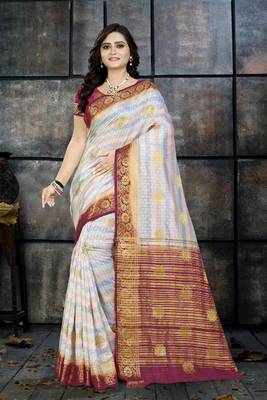 White Printed Faux Kanjivaram Silk Saree With Blouse 1