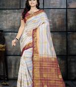 White Printed Faux Kanjivaram Silk Saree With Blouse