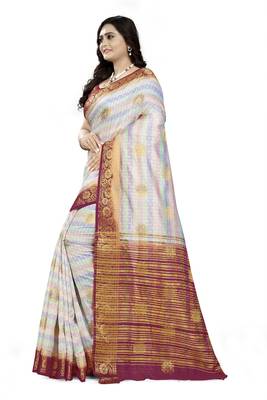 White Printed Faux Kanjivaram Silk Saree With Blouse 2