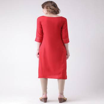 Red Printed Cotton stitched kurti 3