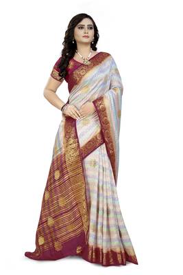 White Printed Faux Kanjivaram Silk Saree With Blouse 3