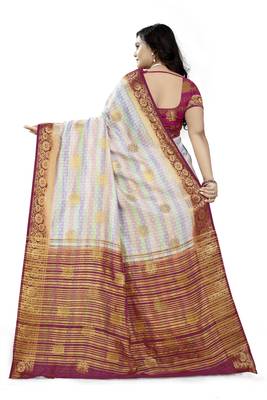 White Printed Faux Kanjivaram Silk Saree With Blouse 4
