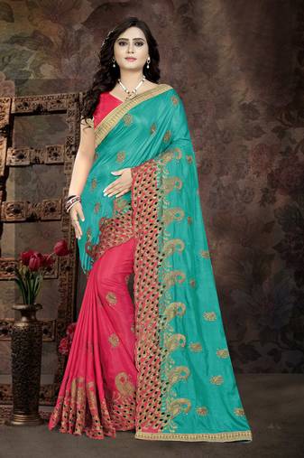 Blue Embroidered Silk Saree With Blouse
