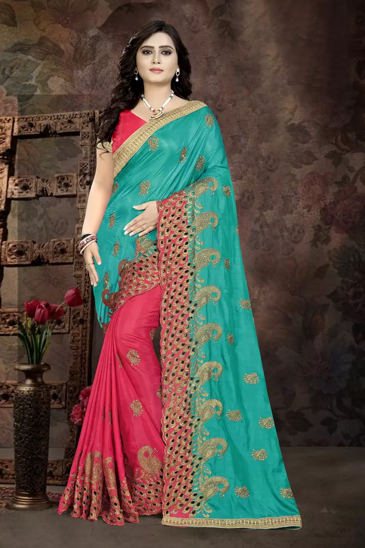 Blue Embroidered Silk Saree With Blouse