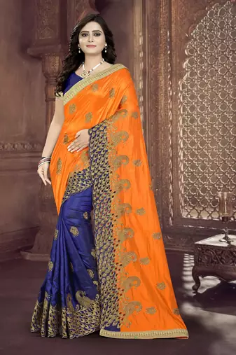 Orange embroidered silk saree with blouse