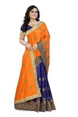 Orange embroidered silk saree with blouse 3