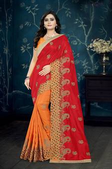 Red embroidered silk saree with blouse