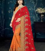Red embroidered silk saree with blouse