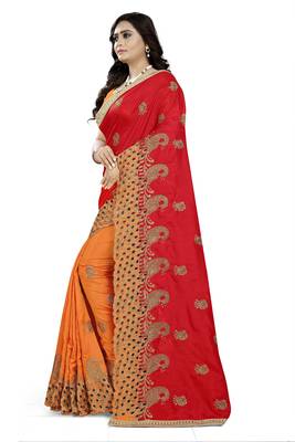 Red embroidered silk saree with blouse 2