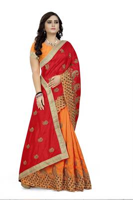 Red embroidered silk saree with blouse 3
