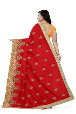 Red embroidered silk saree with blouse 4