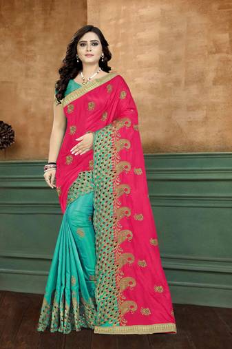 Pink embroidered silk saree with blouse