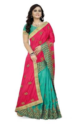 Pink embroidered silk saree with blouse 3