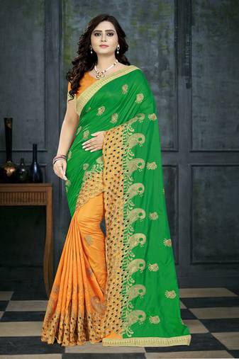Green embroidered silk saree with blouse