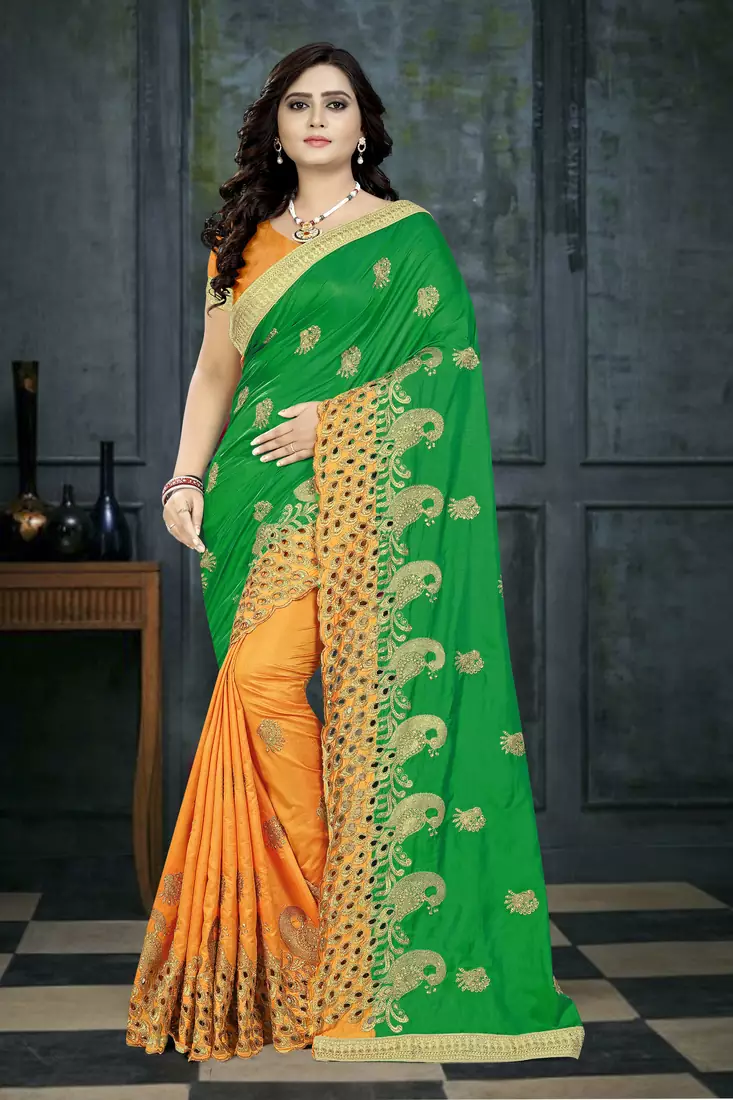 Green embroidered silk saree with blouse