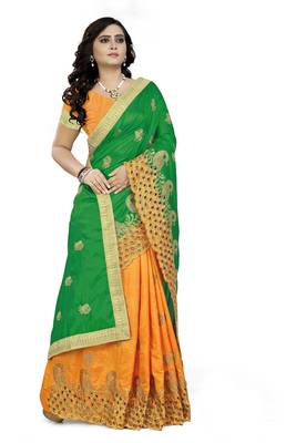 Green embroidered silk saree with blouse 3