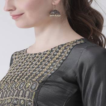 Grey Embroidered art silk stitched kurti 5