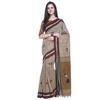 Beige Printed Linen Saree With Blouse 1