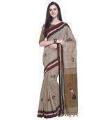 Beige Printed Linen Saree With Blouse