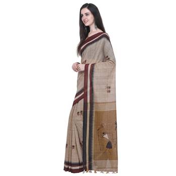 Beige Printed Linen Saree With Blouse 2