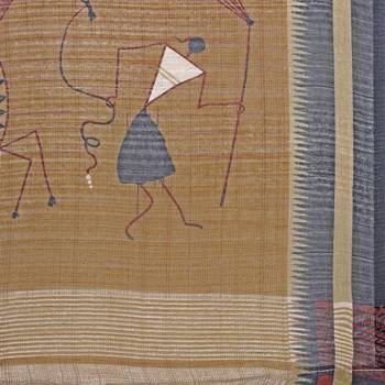 Beige Printed Linen Saree With Blouse 5