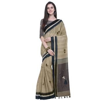 Beige Printed Linen Saree With Blouse 1