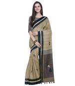 Beige Printed Linen Saree With Blouse